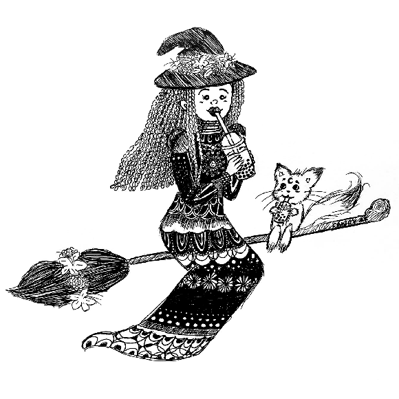 Cute illustrations: A fancy witch drinking bubble tea with her cat, a porcupine knitting a blanket, a girl wearing her chunky sweater in the fall