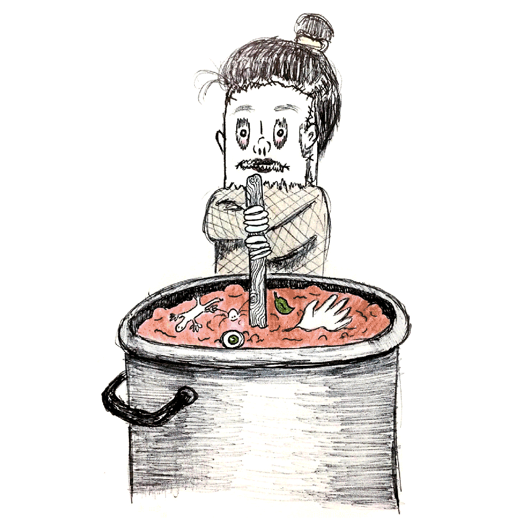 Horror illustrations: Little Chef cooking a stew, The Plague Rides a Horse, The Tourist visiting a USA state fair